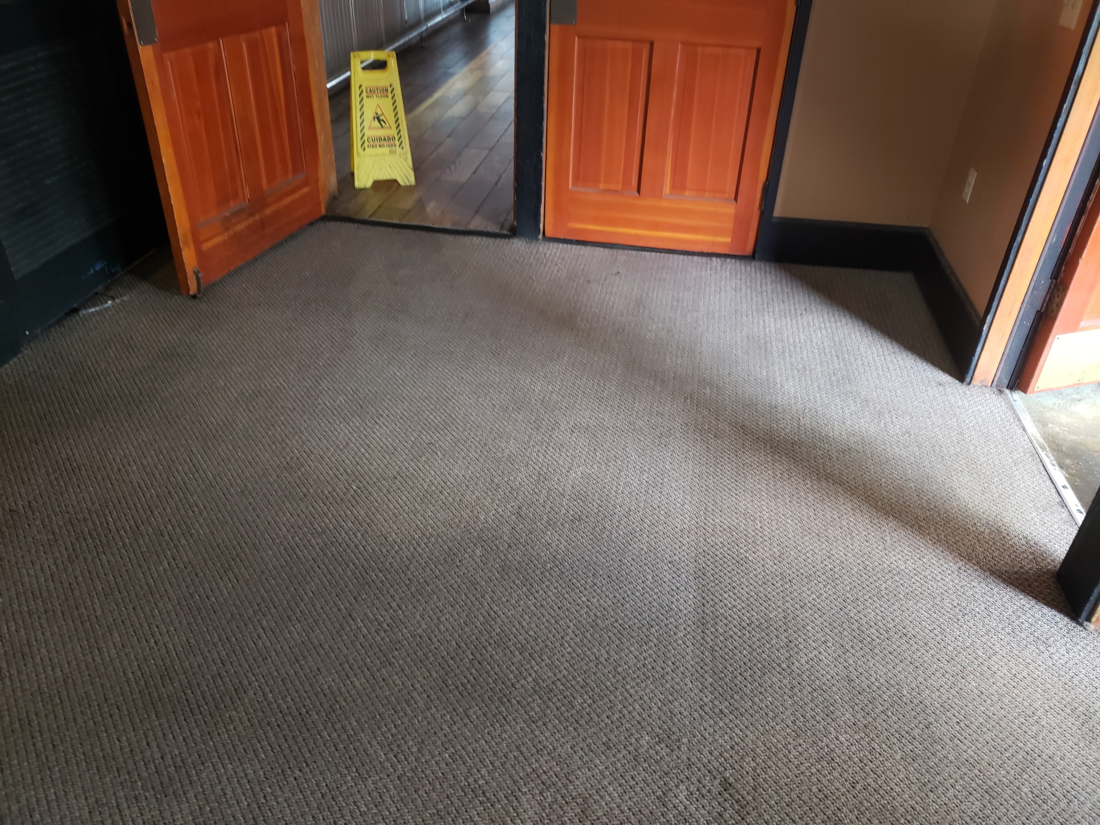 Wet carpet floor with caution sign